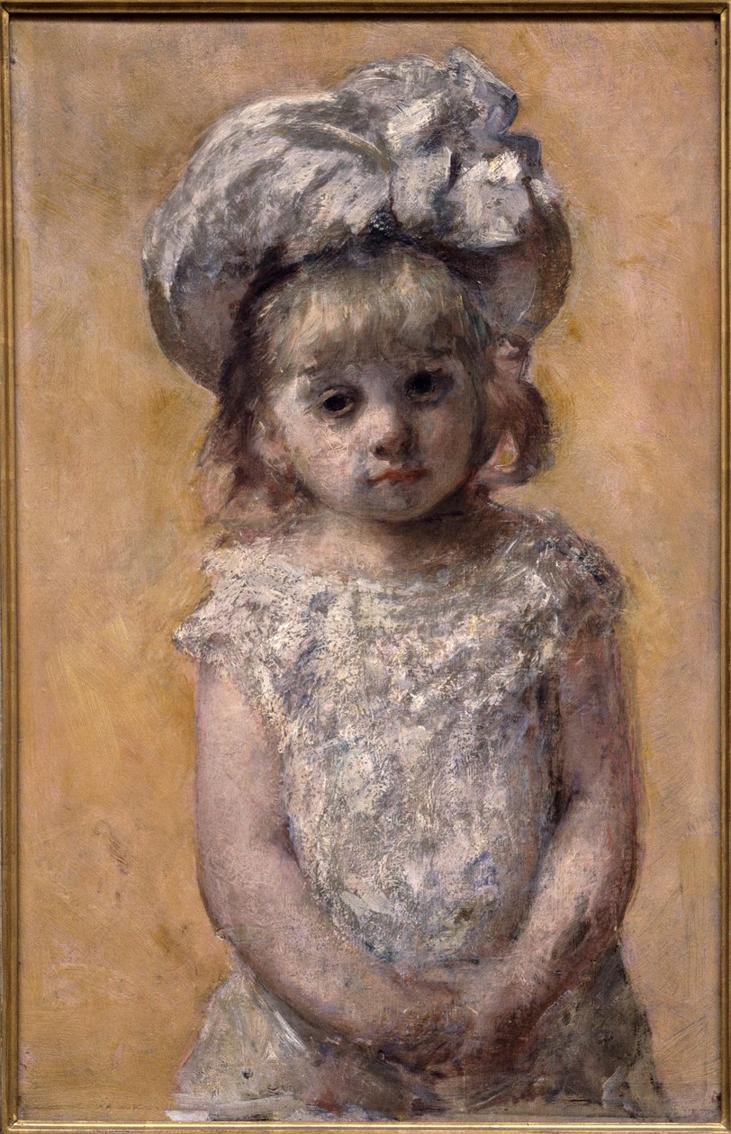 Porträtt av flicka eller spets klänning. Porträtt av en liten flicka i en vit klänning ser ledsen ut. Målning av amerikanska Mary Cassatt (1844-1926) av Mary Stevenson Cassatt