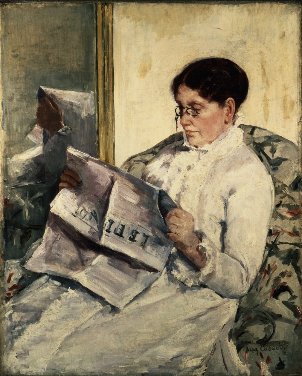Läser Le Figaro, 1878 av Mary Cassatt