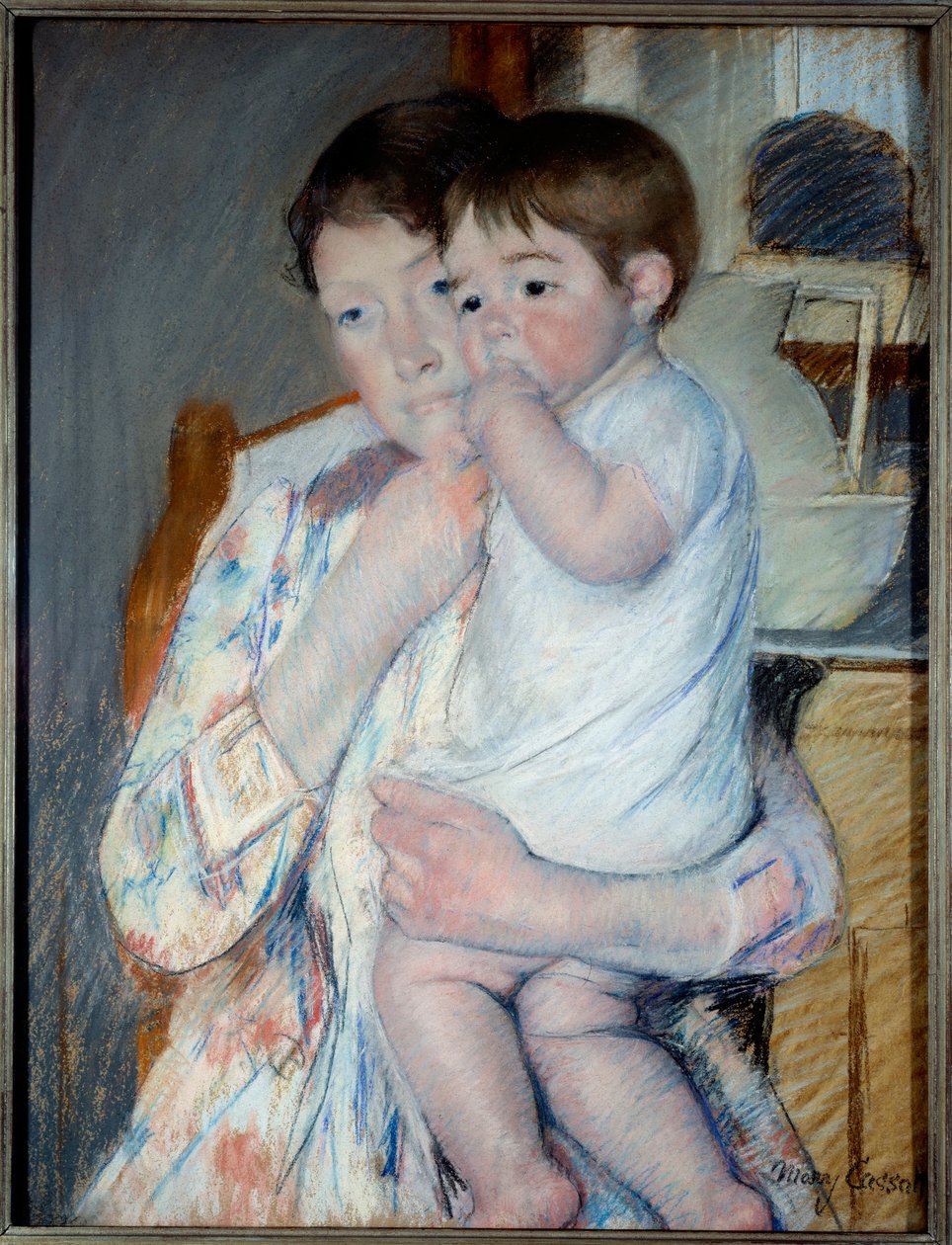 Kvinna och barn framför en tablett där en sylt och en skål placeras. Målning av Mary Cassatt (1844-1926) Ec. Am av Mary Stevenson Cassatt