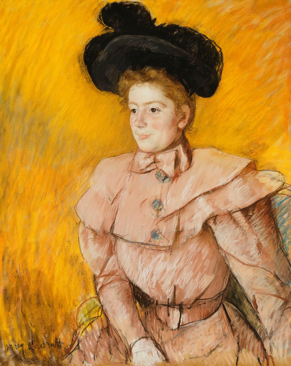 Kvinna i en svart hatt och en hallonrosa kostym, c.1899 av Mary Cassatt