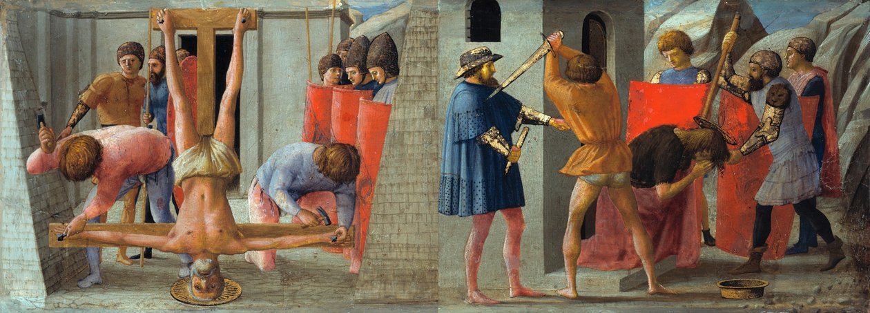 Italienska:  Masaccio crocefissione di san pietro e martirio di san giovanni Battista Korsfästelsen av aposteln Petrus och halshuggningen av Johannes Döparen av Masaccio