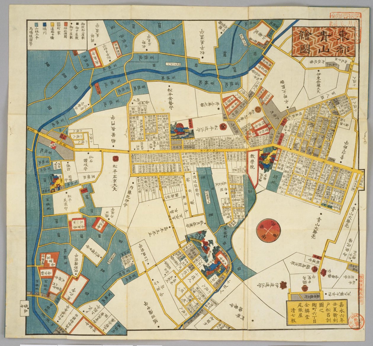 1853 Edo-karta runt nuvarande Aoyama-gatan, från Miyamasusakaue av Masanori Tomatsu