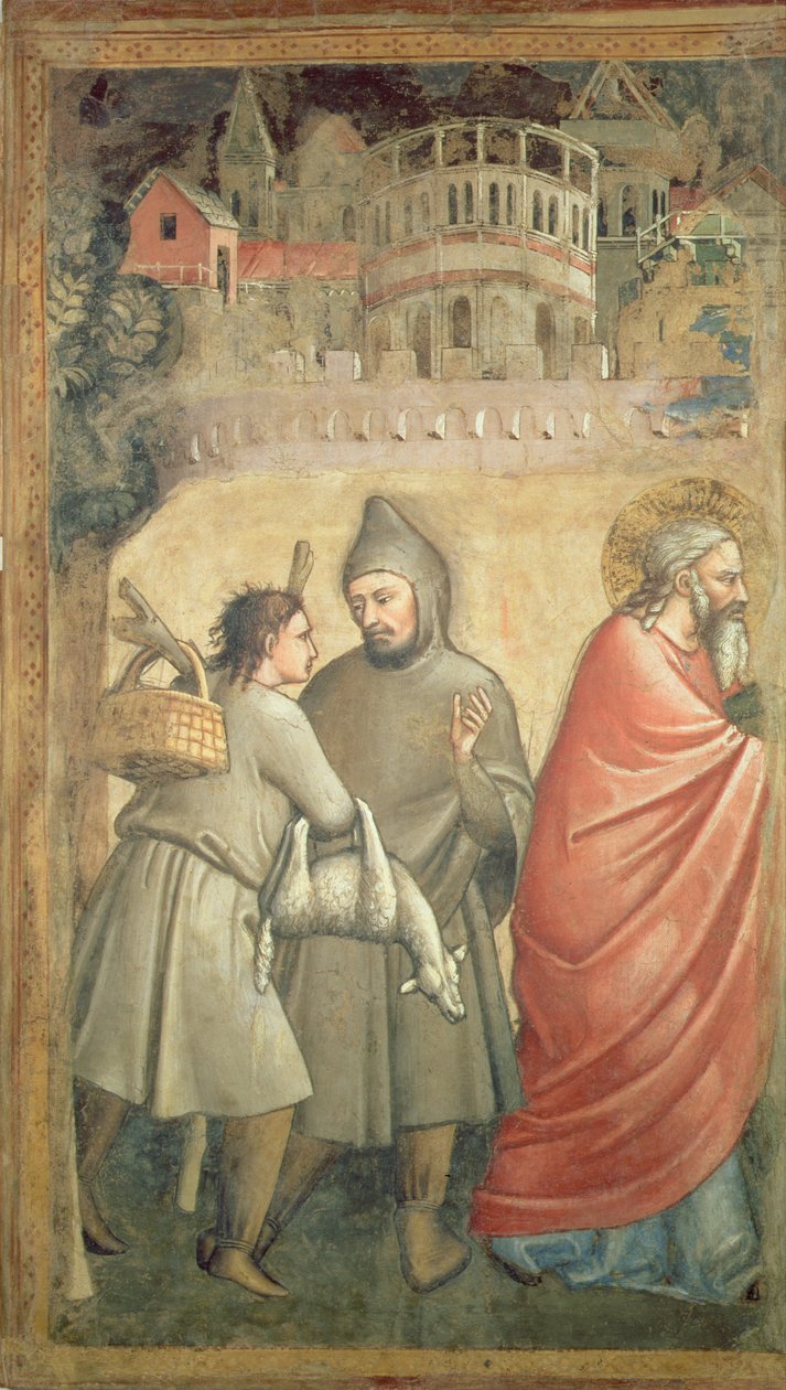 Mötet vid Gyllene porten, detalj som visar två män som samtalar och Joachims figur av Maso di Banco