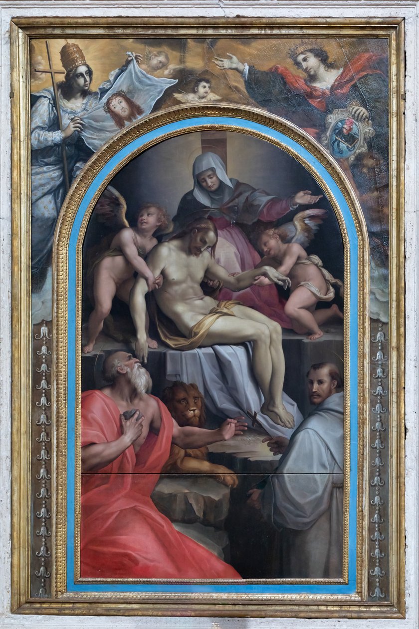 Deposition med helgonen Girolamo och Francesco, ca 1550-1600 (olja på pannå) av Maso da San Friano