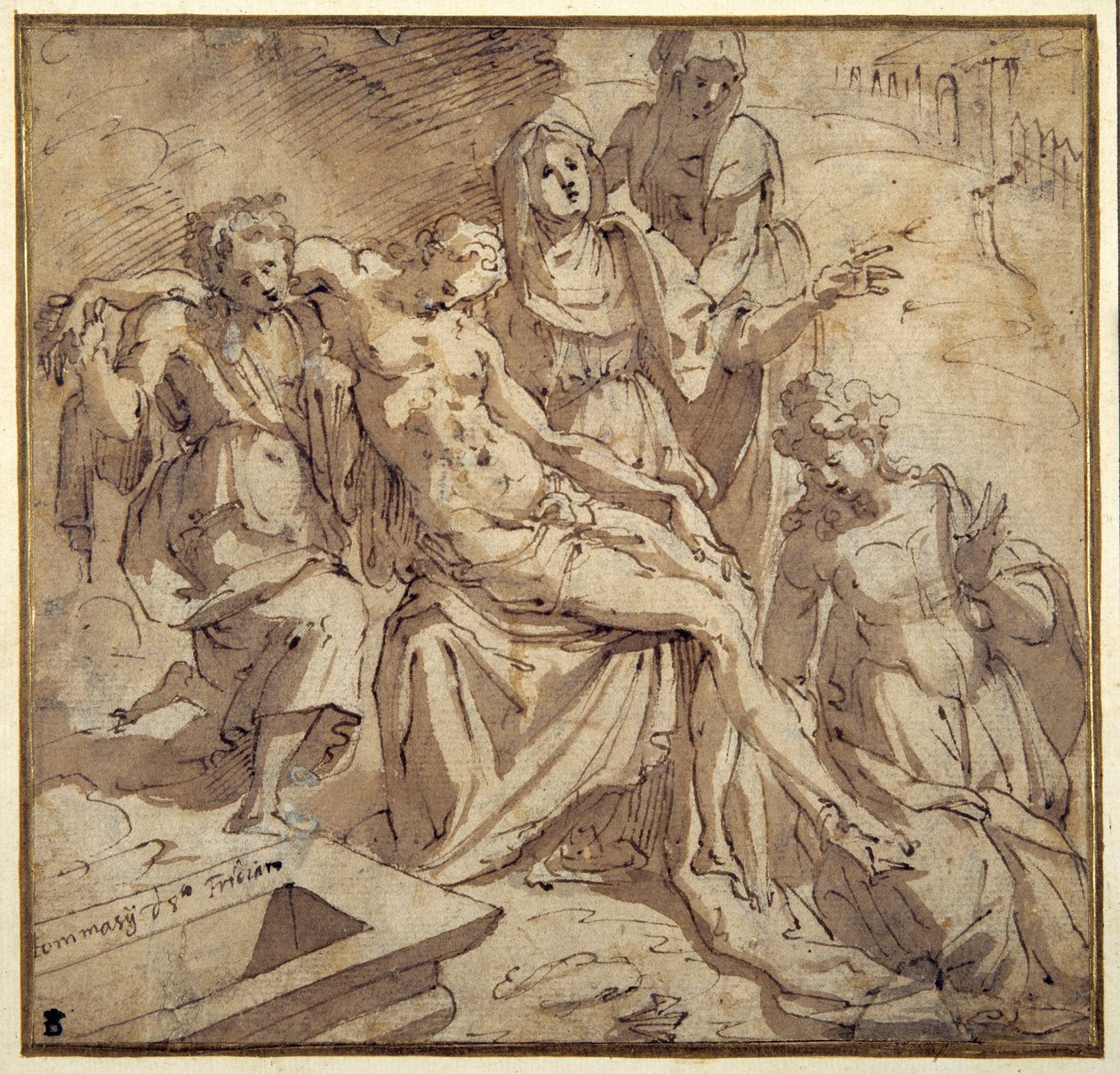 Pietan (penna & brunt bläck med brun tvätt på vitt papper) av Maso da San Friano