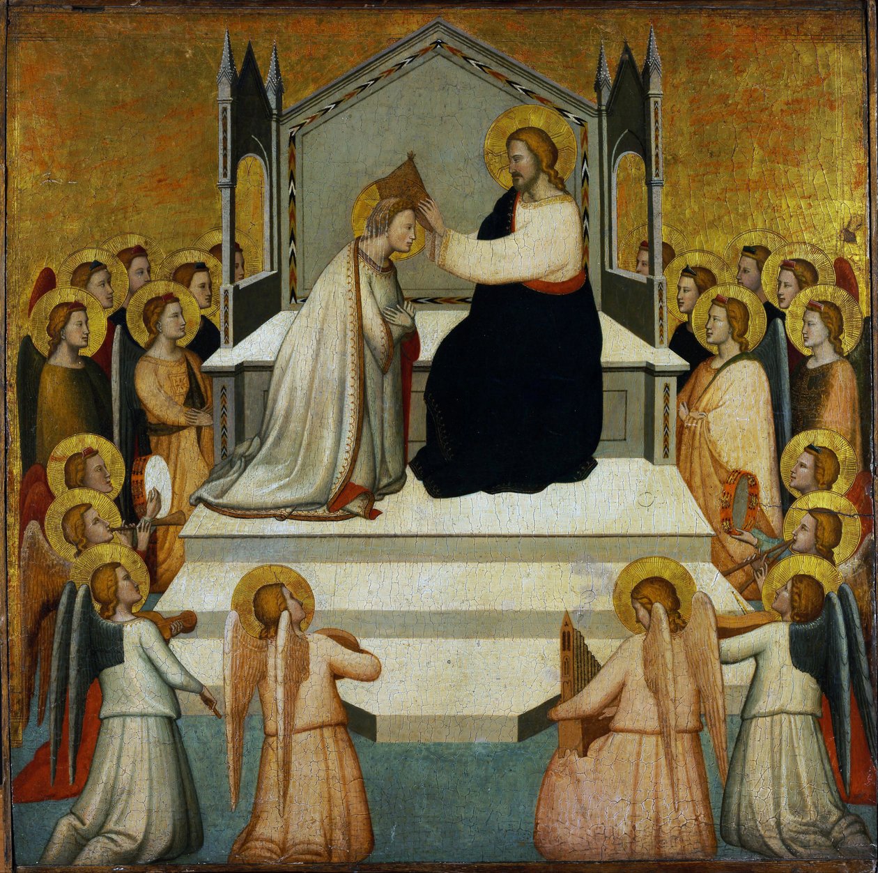 Jungfruns kröning - Jungfruns kröning - Maso di Banco (?-1348) - 1335-1340 - Tempera på panel - 51,2x51,7 - Szepmuveszeti Muzeum, Budapest av Maso di Banco