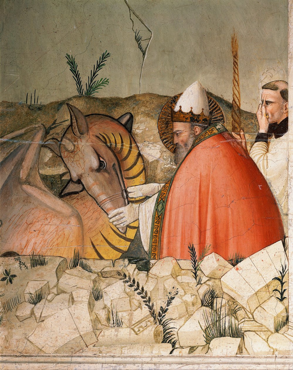 Avsnitt av livet på nyårsafton: Påven Sankt Sylvester I (Silvester eller Silvestro) (314-335) stänger drakens mun. Detalj. Fresk av Maso di Banco (känd omkring 1341-1346) 1300-talet Florens, Chiesa di Santa Croce, Cappella Bardi av Maso di Banco