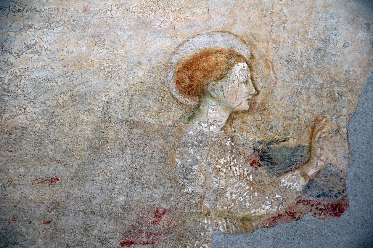 Freskomålning av Masolino da Panicale i baptisteriet i Castiglione, detalj av Bebådelsen av Masolino da Panicale