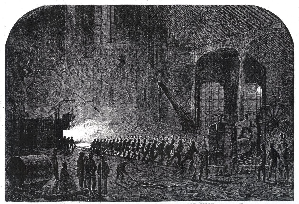 Processen att rulla pansarplåtar för Hennes Majestäts fartyg vid Alas Steelworks, Sheffield, illustration från 