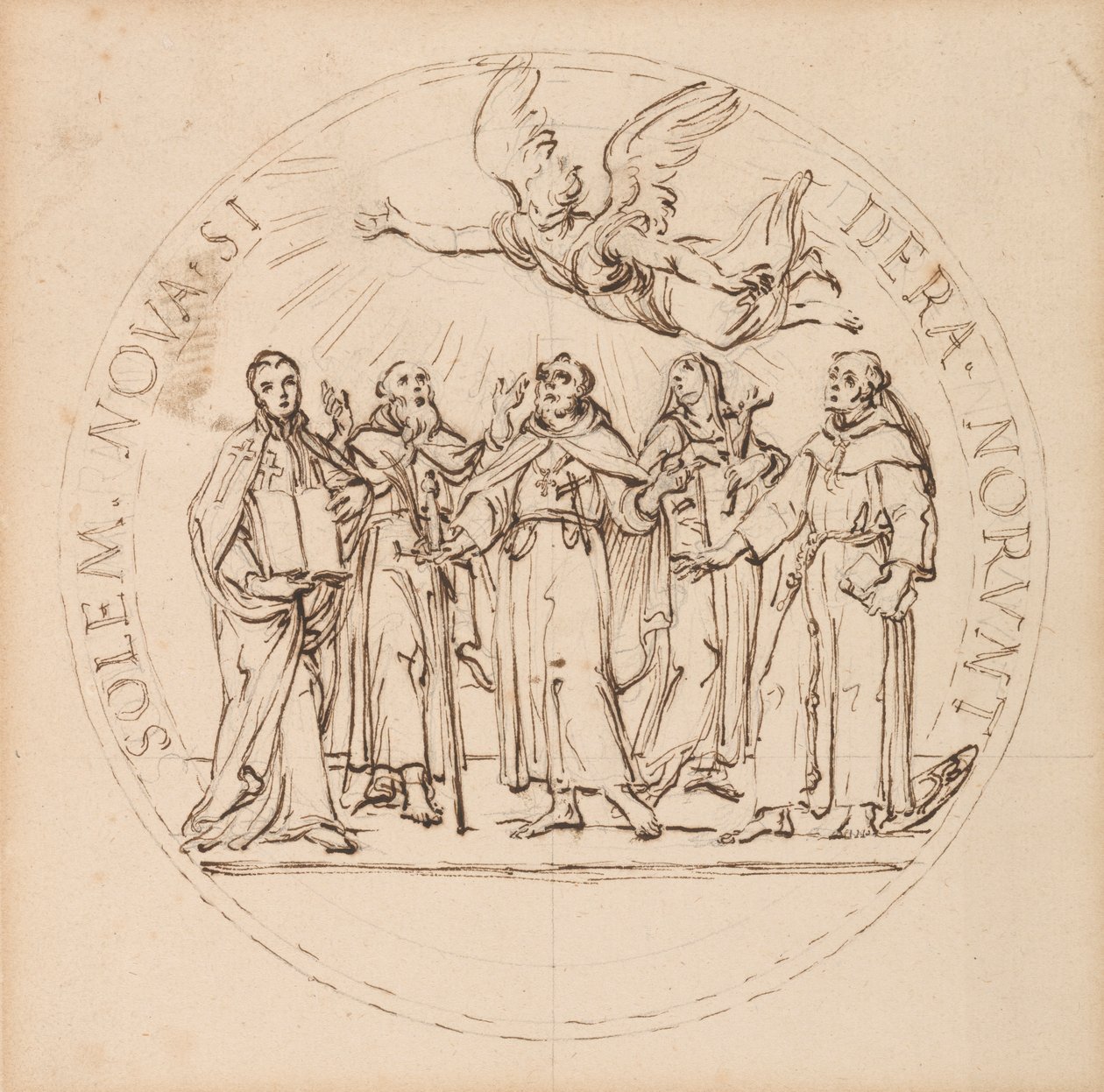 Design för en påvlig medaljong för kanoniseringen av Clement X av Saint Pius, Saint Gaetano dei Conti di Thiene, Saint Francis Borgia, S. J., Saint Louis Bertrand, O.P., och Saint Margaret Q(ueen) av Skottland av Massimiliano Soldani
