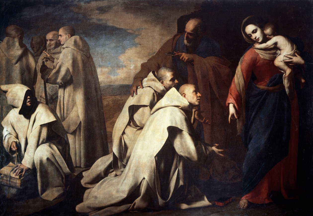 Madonna och St Peter tröstar anhängarna till St Bruno, som hölls i Rom vid den påvliga domstolen (olja på duk) av Massimo Stanzione