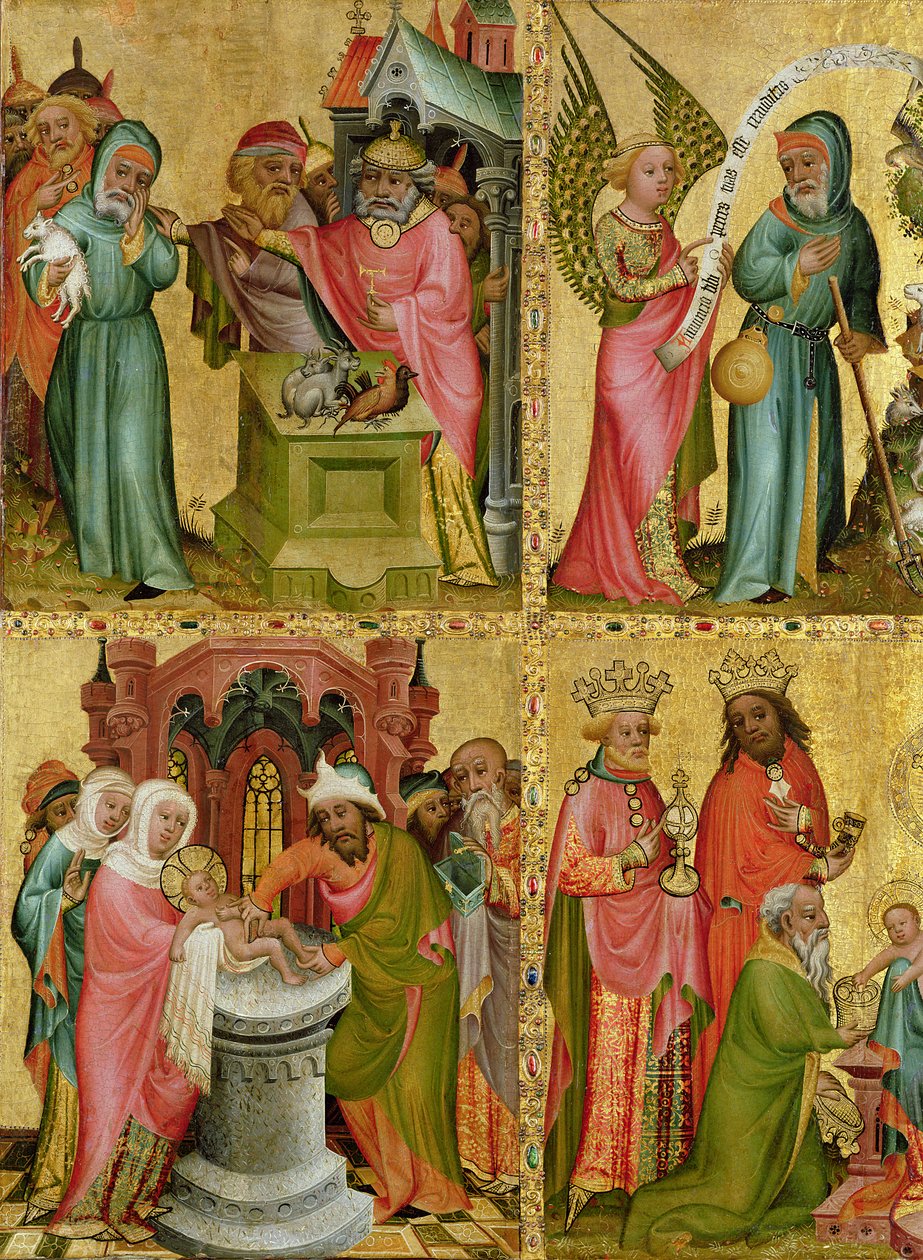 Joachims offer och Kristi omskärelse, från vänster flygel av Buxtehude-altaret, 1400-10 (tempera på panel) (detalj av 159469) av Master Bertram of Minden