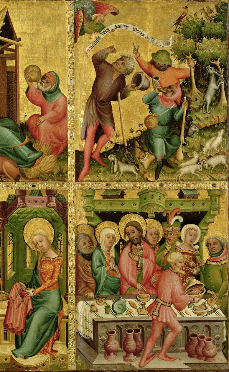 Bebådelsen till herdarna och äktenskapet i Kana, från högra flygeln av Buxtehude-altaret, 1400-10 (tempera på ek) av Master Bertram of Minden