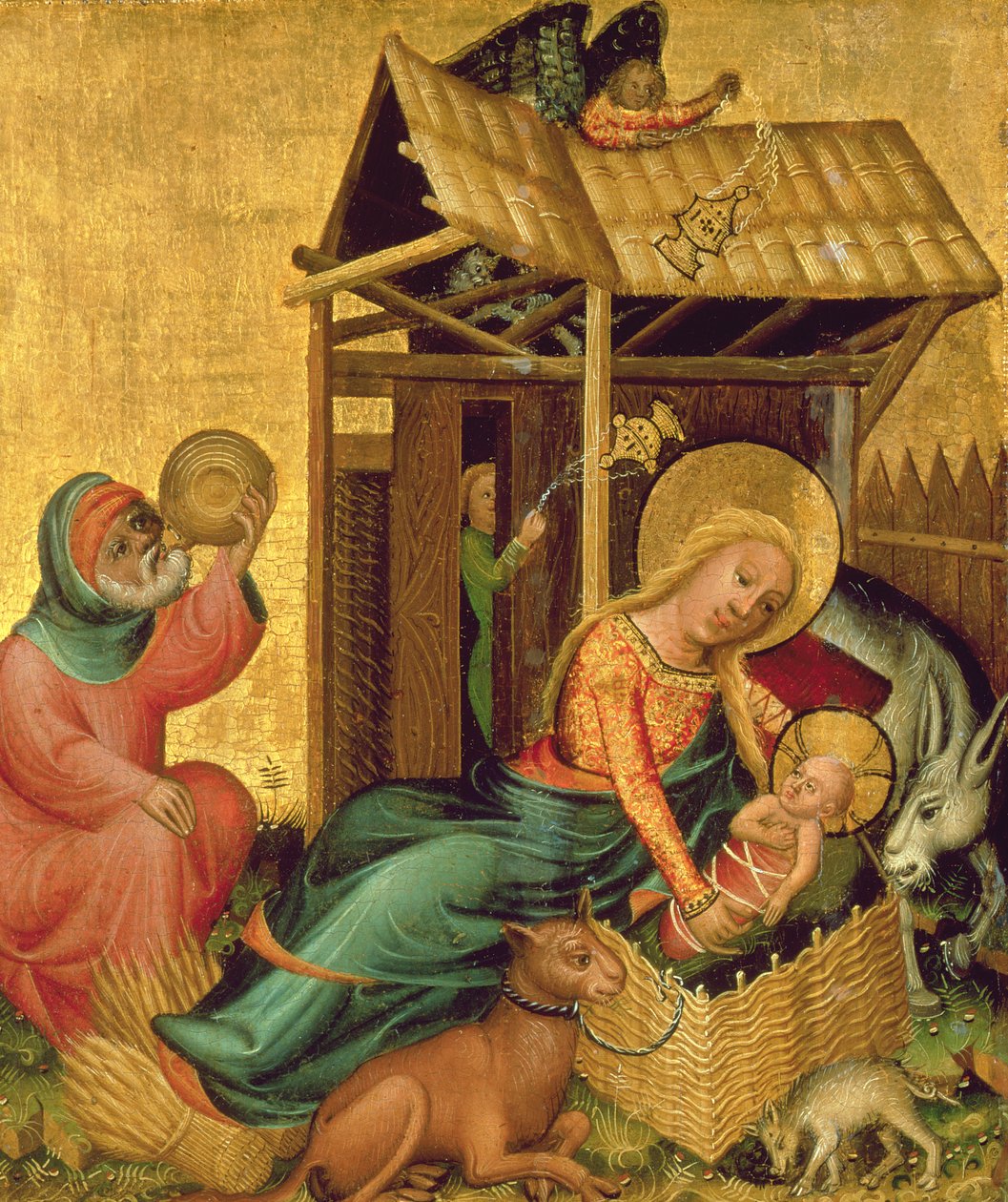 Fødselen, fra Buxtehude-alteret, 1400-10 (tempera på panel) svensk av Master Bertram of Minden