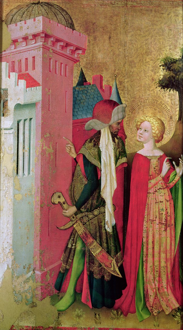 St. Barbara inlåst i ett torn av sin far, från St. Barbara altartavla (tempera och olja på panel) av Master Francke