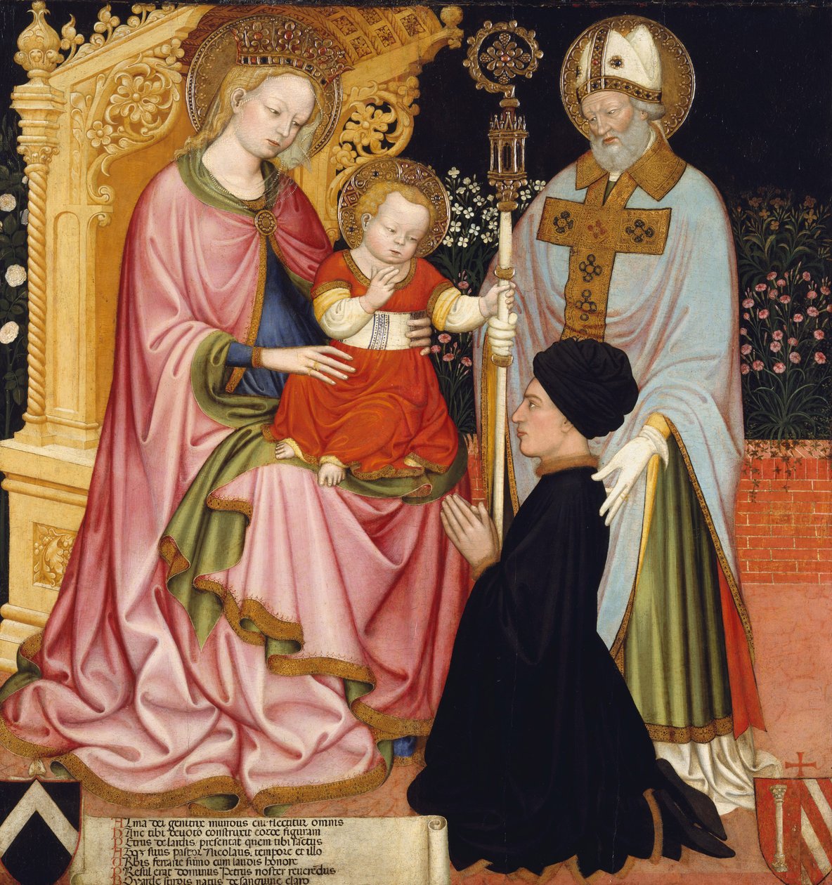 Madonna och barn med givaren, Pietro de Lardi, presenterad av Saint Nicholas, ca 1420-30 (tempera och guld på trä) av Master GZ Master GZ