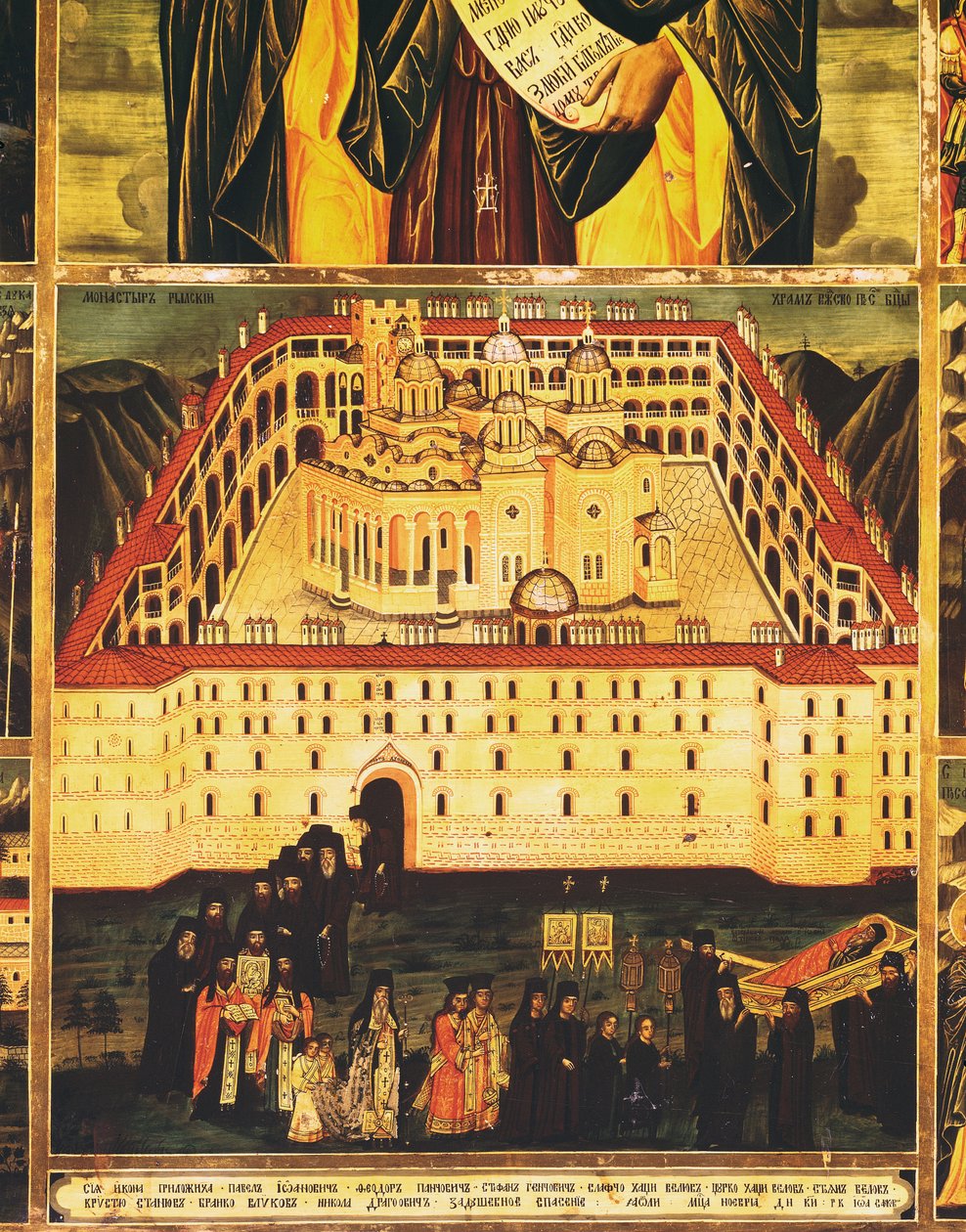 St. John of Rila Thaumaturge, detalj av begravningscortegen som lämnar klostret Rila (tempera på panel) av Master John of Samakov