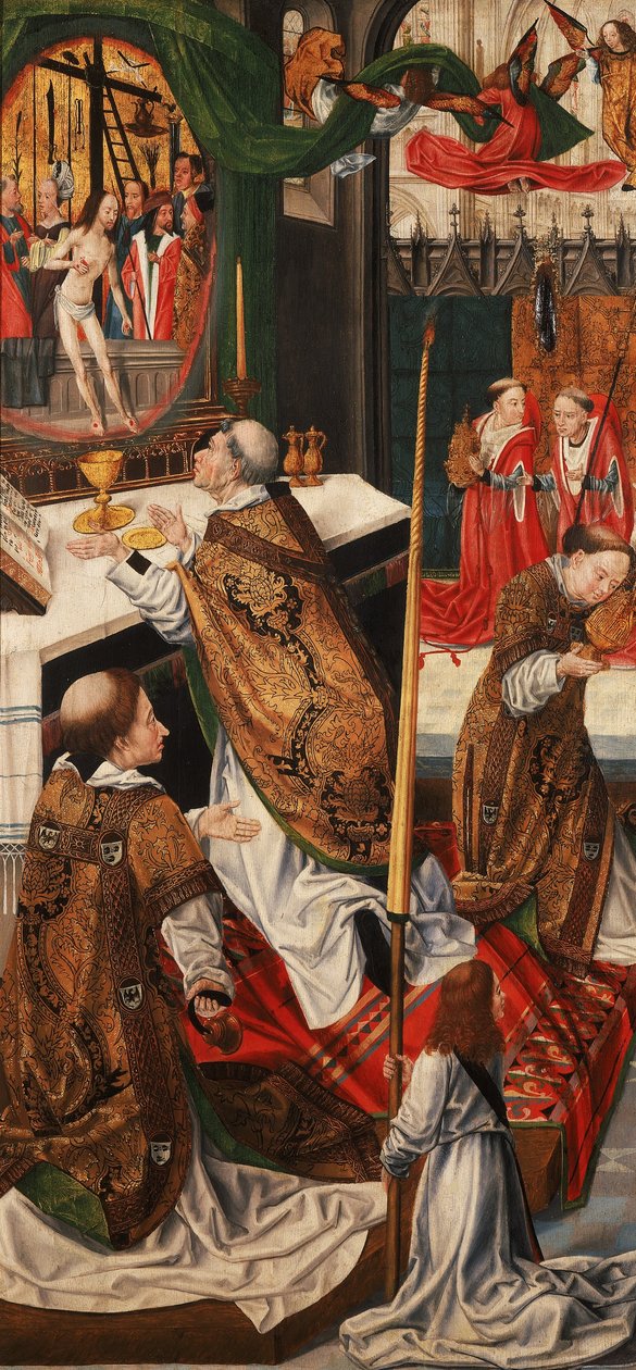 Triptych with Scenes from Christ’s Passion (reverse of left wing) Mass of St. Gregory av Master of Aachen the Altarpiece