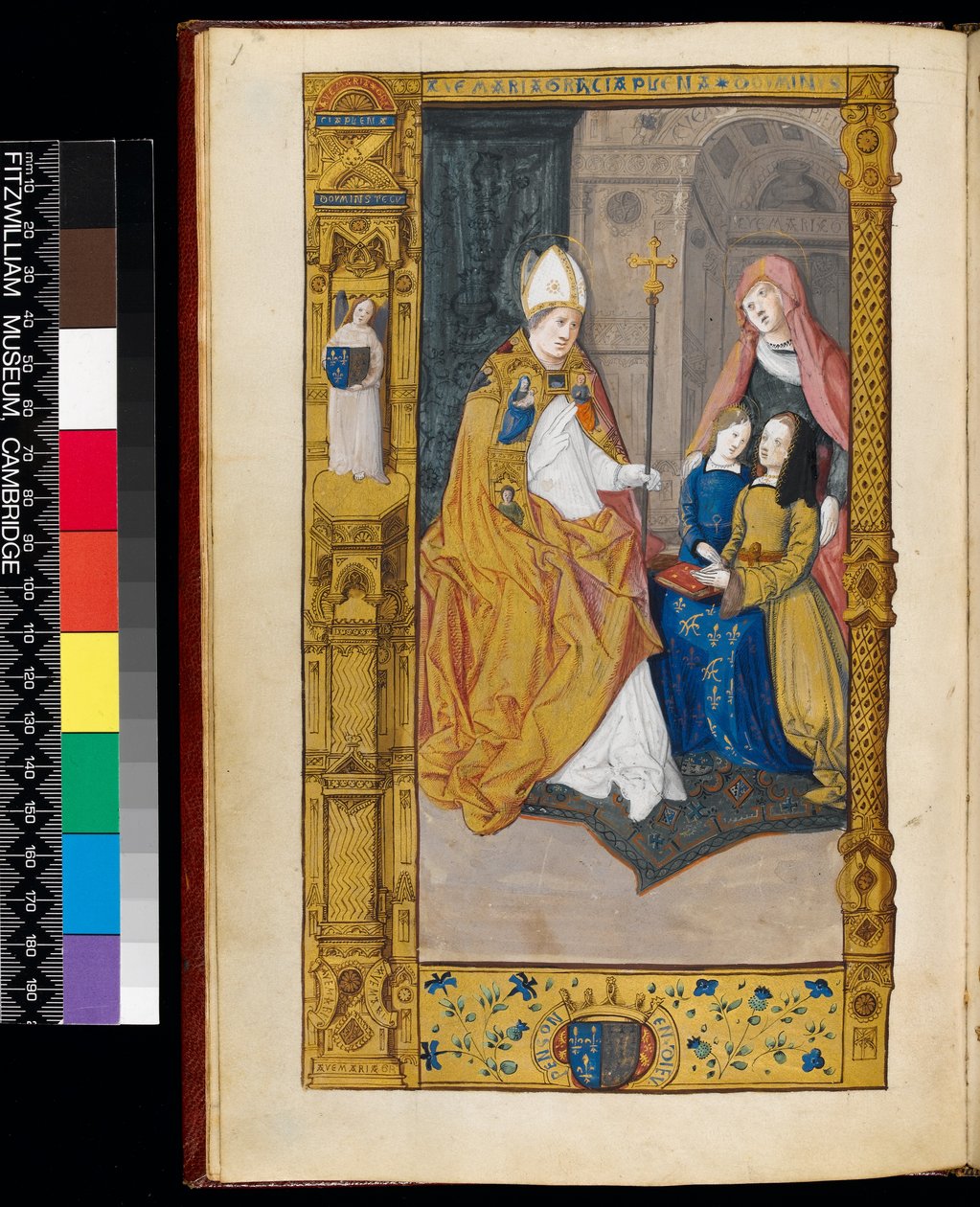 Ms 159, fol 2v Anne av Bretagne presenteras för St Claude, från "The Primer of Claude de France" (bläck och guldbläck på pergament) av Master of Antoine de Roche