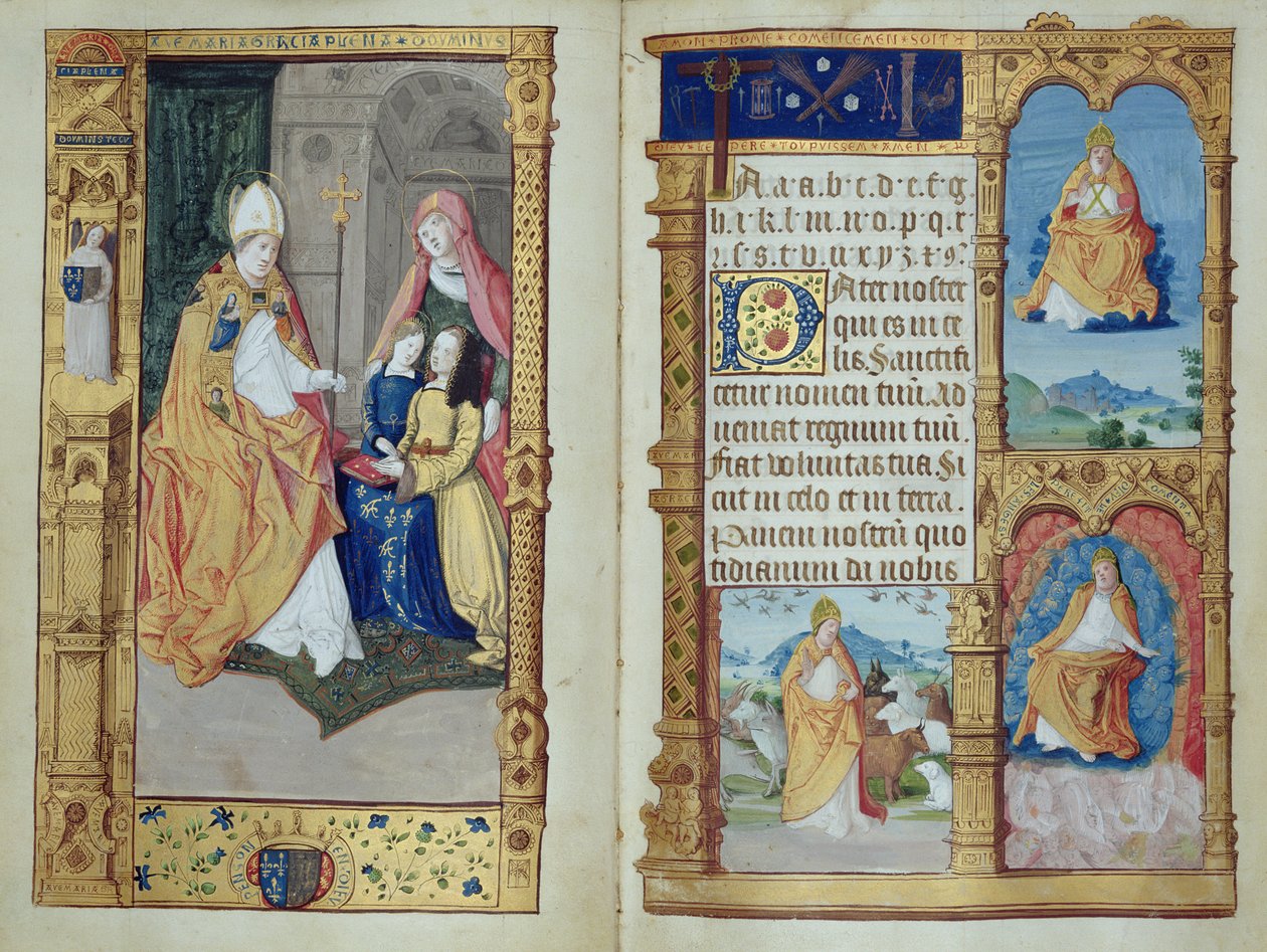 Ms 159, s.1-2 En flicka knäböjer vid ett skrivbord med Jungfrun och helgonen, från en Primer, c.1500-10 (bläck & guldbläck på pergament) av Master of Antoine de Roche