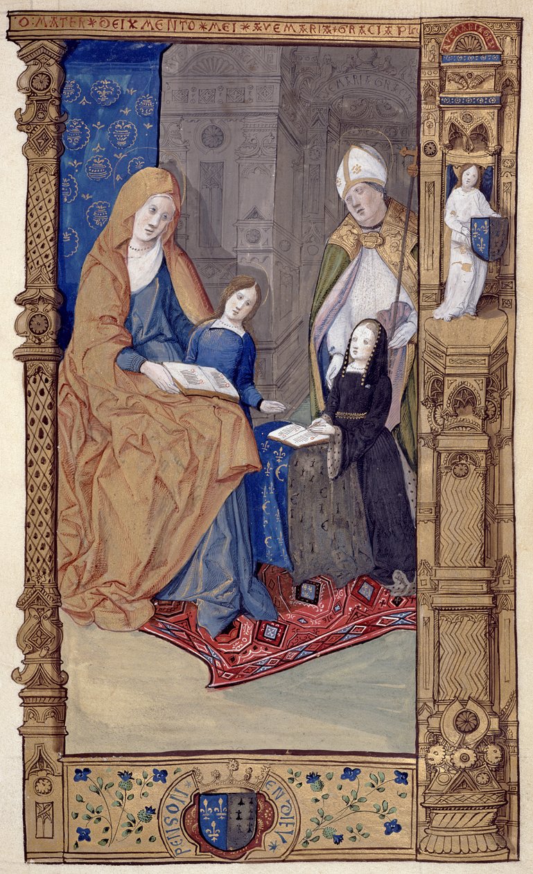 Ms.159.p14 St. Claude presenterar en knästående flicka till St. Anne och Jungfrun, från The Primer of Claude de France, c.1500-10 (bläck & guldbläck på pergament) av Master of Antoine de Roche