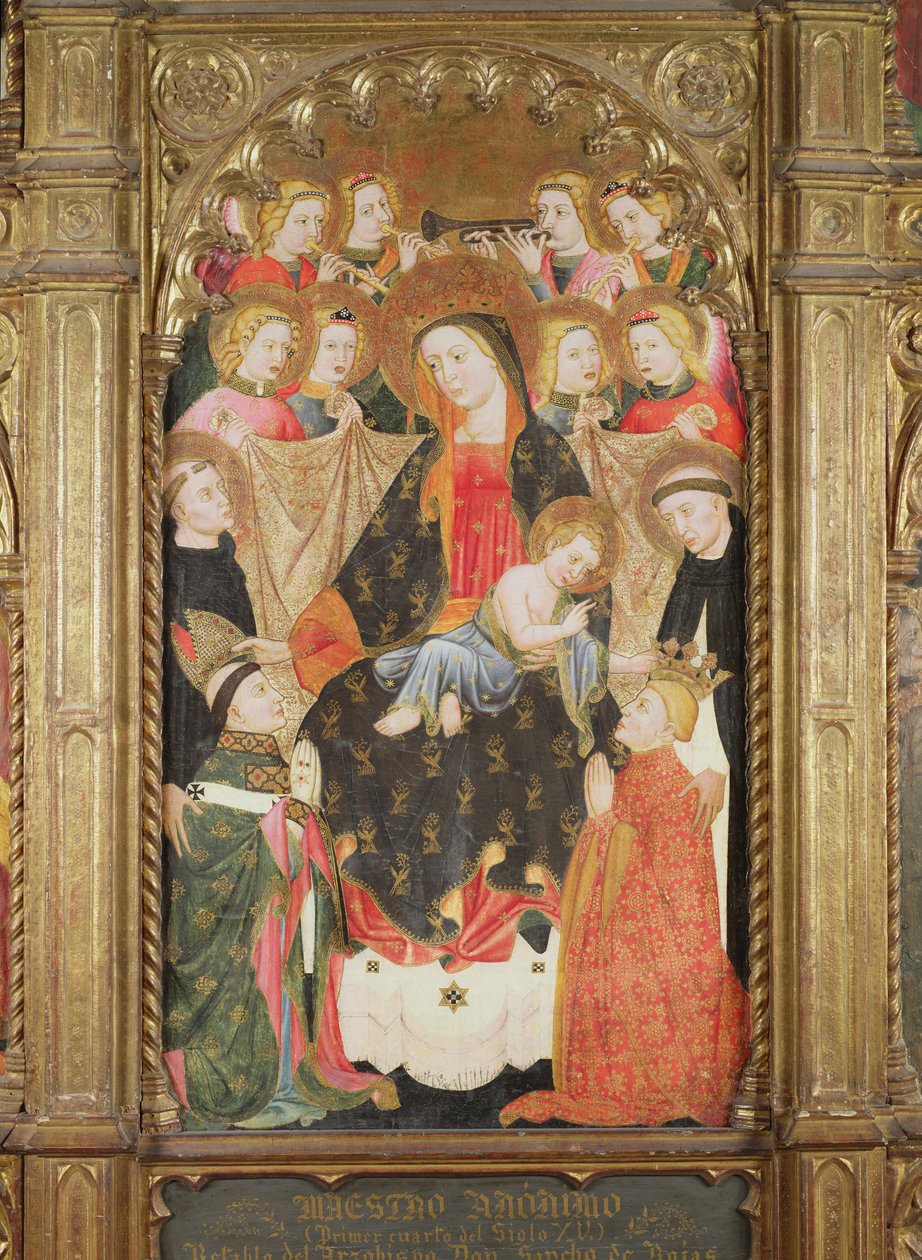Altartavla som visar jungfrun och barnet med änglar, dominikanska helgon och två givare av Master of Archbishop Don Sancho Rojas