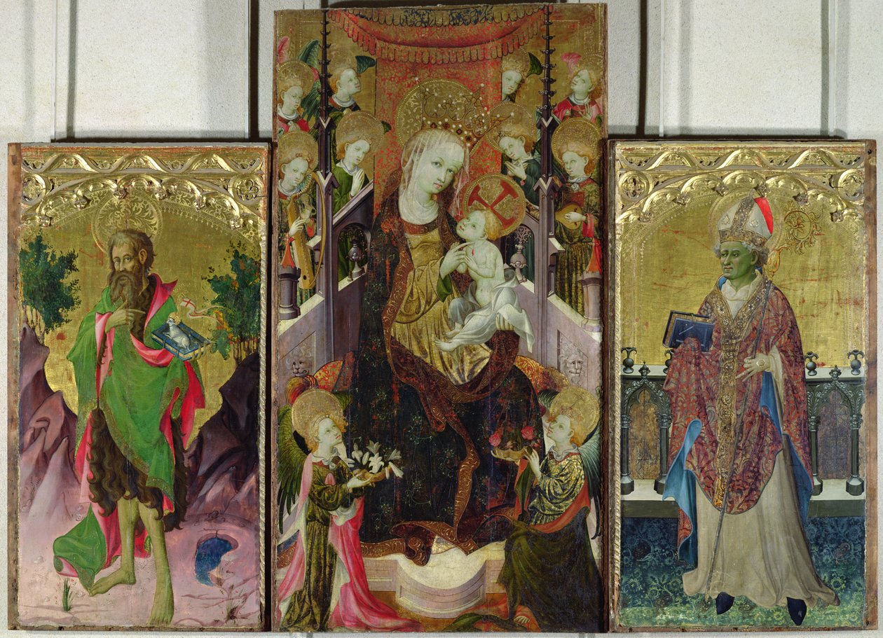 Madonna och barn tronade omgivna av änglar med St. Johannes Döparen och St. Ambrosius, 1400-30 (se 95111 för detaljer) av Master of Burgo de Osma