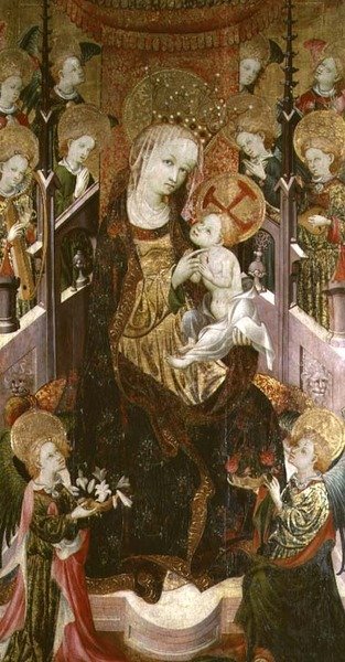 Madonna och barn tronade omgivna av änglar, mittpanel i en triptyk, 1400-30 (se även 232817) av Master of Burgo de Osma
