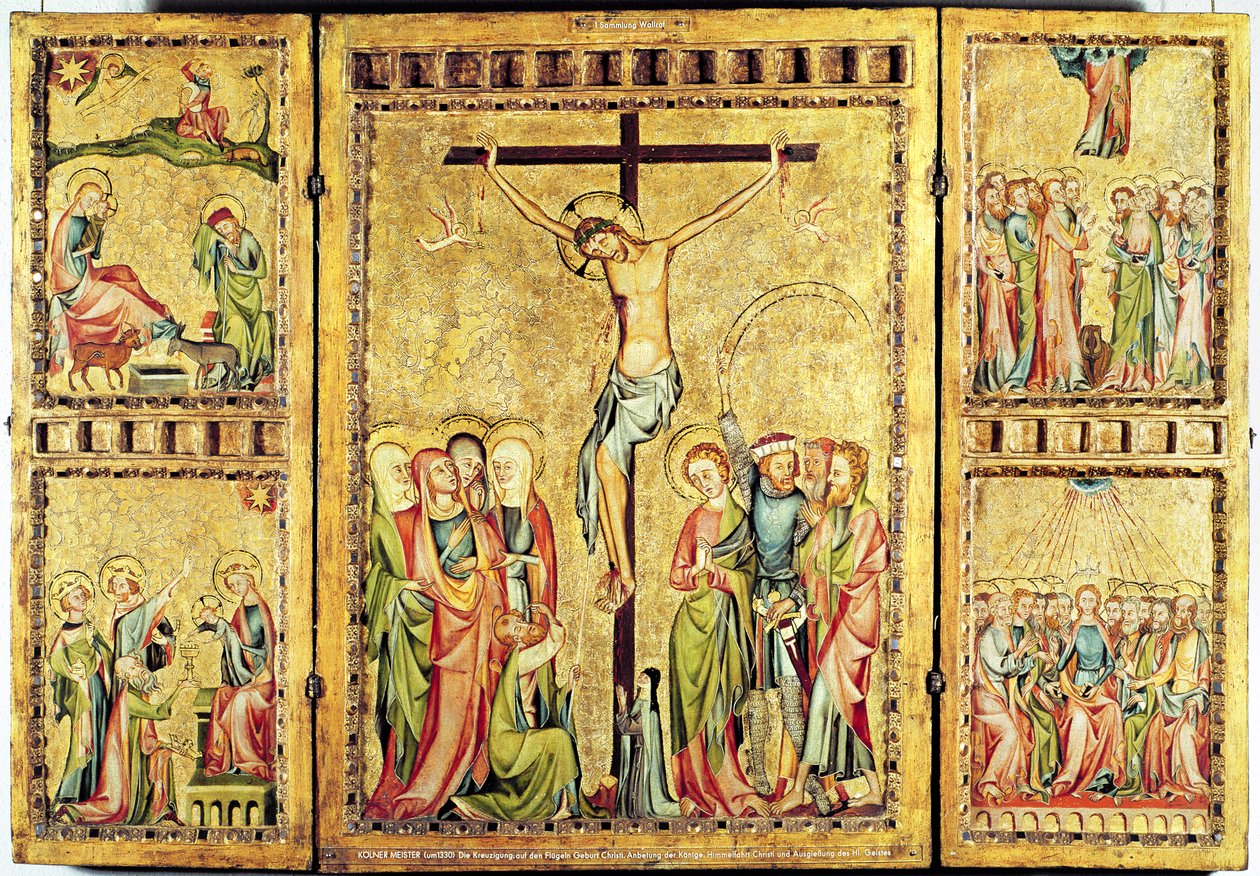 Altartavla med korsfästelsen i mittpanelen och scener från Kristi liv på sidopanelerna, ca 1330 (panel) av Master of Cologne