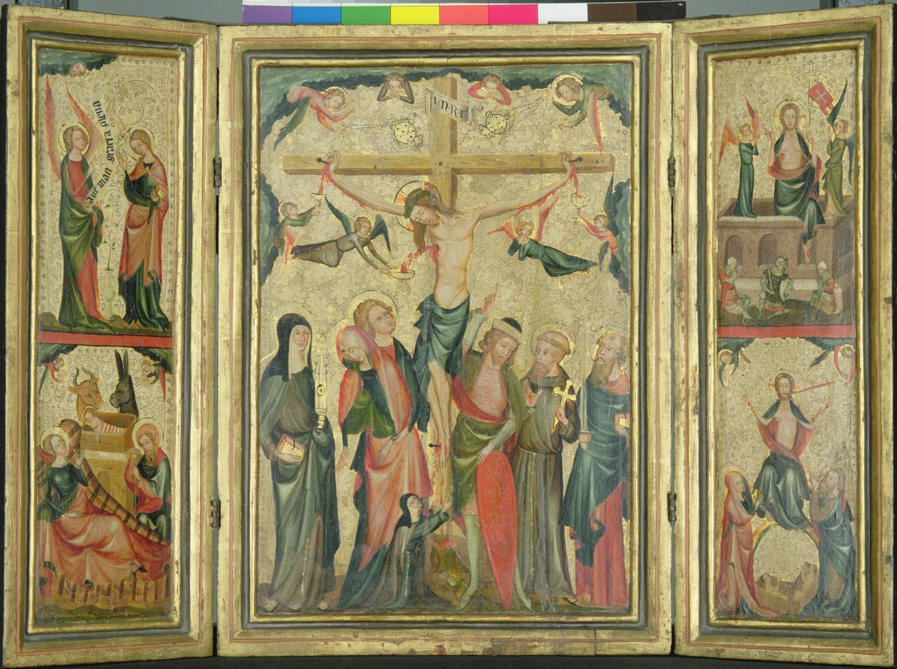 Triptyk föreställande Kristi korsfästelse, ca 1350 (tempera och bladguld på panel) (se även 150814) av Master of Cologne