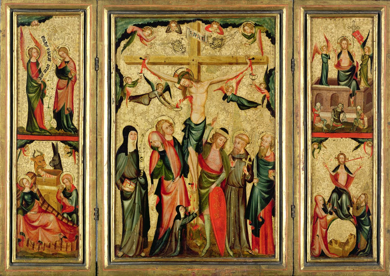 Triptyk föreställande Kristi korsfästelse, ca 1350 (tempera och bladguld på panel) (se även 182372) av Master of Cologne