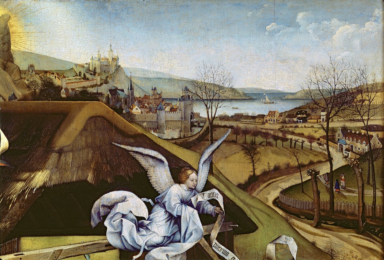 Nativity, detalj av landskapet, ca 1425 (detalj av 128673) av Master of Flémalle
