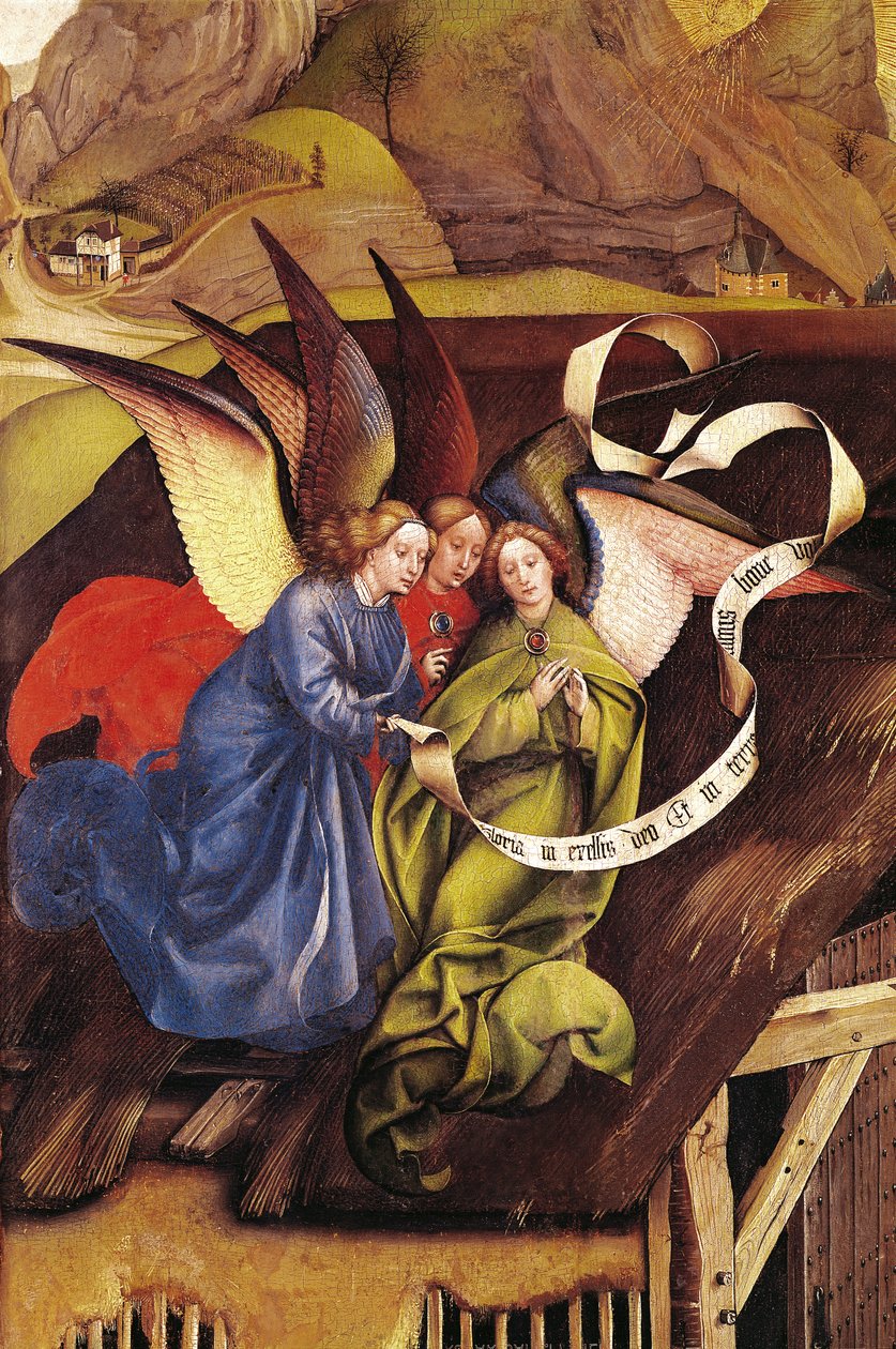 Nativity, detalj av tre änglar, ca 1425 (detalj av 128673) av Master of Flémalle