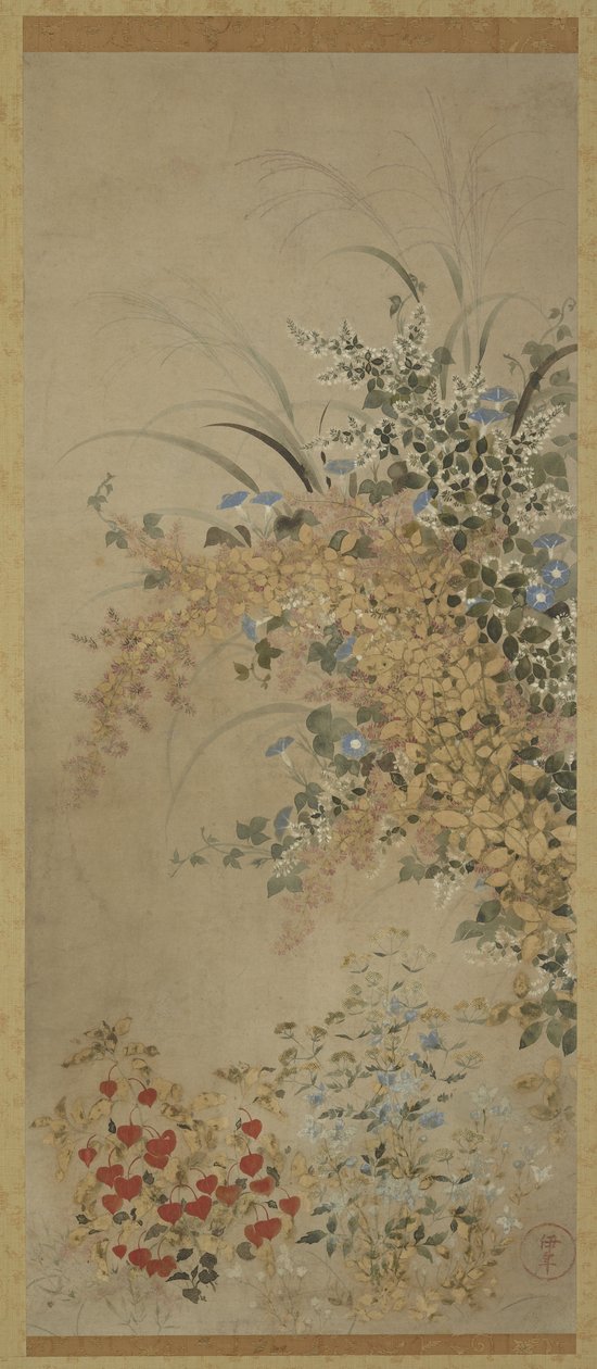 Blommor och gräs, Hängande rulle (monterad på panel), 1600-30 (bläck och färg på papper) av Master of I nen Seal