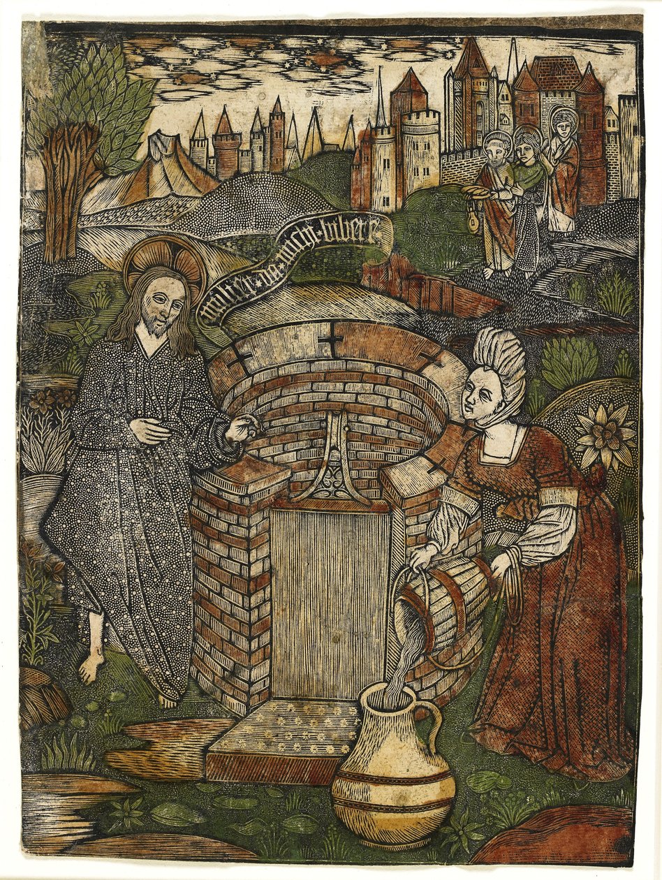Kristus och kvinnan i Samaria, ca 1470 (handfärgad metallsnitt med grönt, röd och gult) av Master of Jesus in Bethany Master of Jesus in Bethany