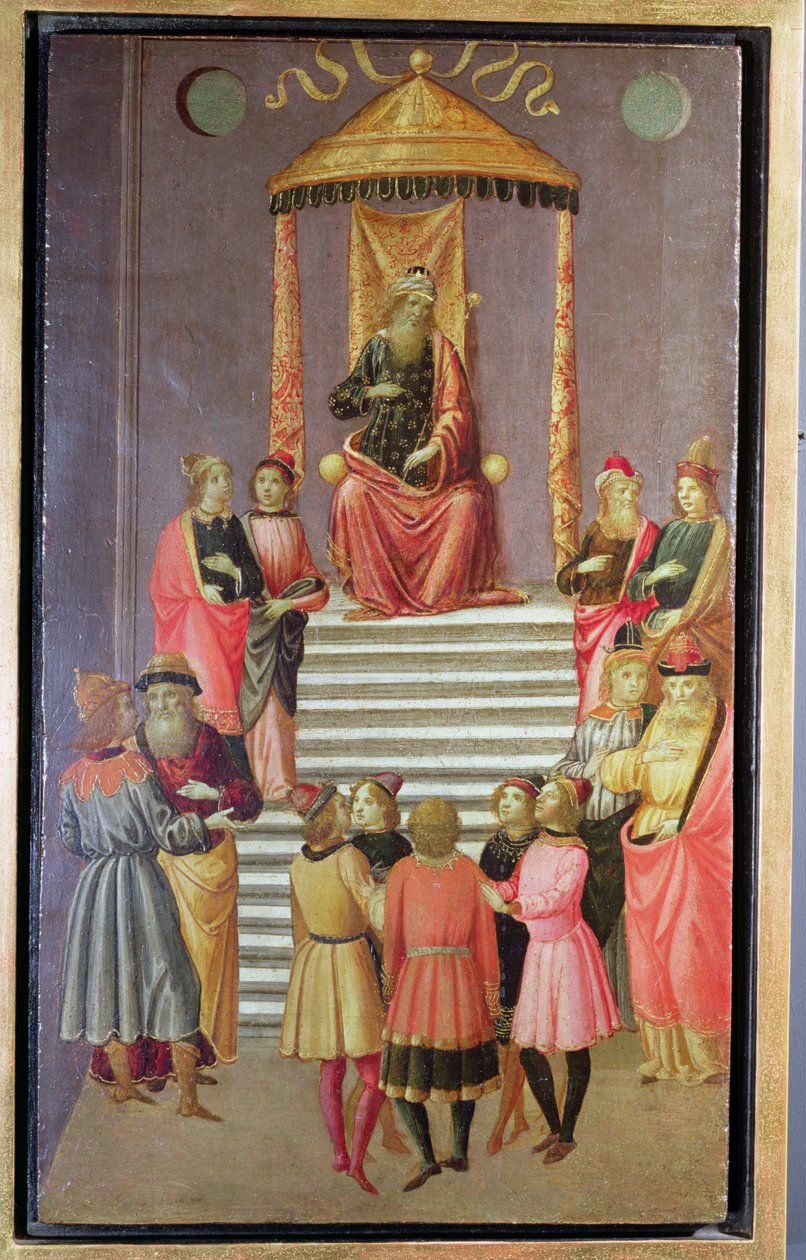 Nebukadnessar ifrågasätter Daniel och hans följeslagare (tempera på panelen) av Master of Marradi
