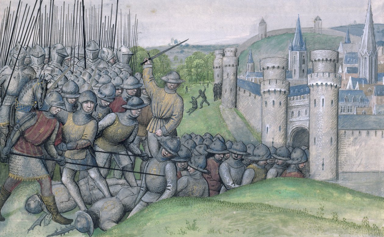Ms 659 f.282r Louis, greve av Flandern och staden Brygge besegrades av Filips van Artefelde och folket i Gent i slaget vid Bevenhoutsveld 1382, 1477 av Master of Mary of Burgundy