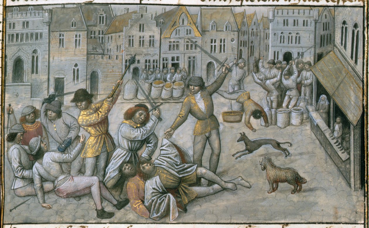 Ms 659 fol.226r Familjen Artevelde. Gatustrider i Gent, 1477, vellumdetalj av 270533 av Master of Mary of Burgundy