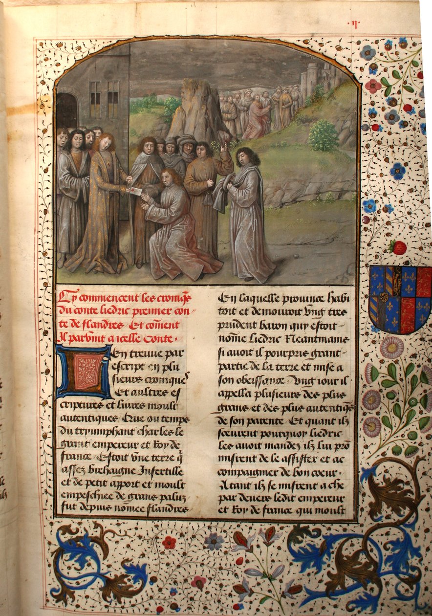 Ms 659 fol.2r Karl den Store namnger den förste greven av Flandern, 1477 av Master of Mary of Burgundy