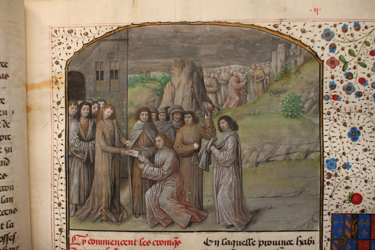 Ms 659 fol.2r Charlemagne namnger den första greven av Flandern, 1477 velängdetalj av 282597 av Master of Mary of Burgundy