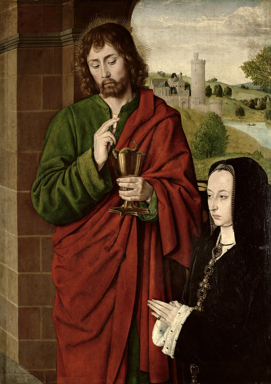 Anne av Frankrike (1462-1522) Fru av Beaujeu, hertiginna av Bourbon, presenterad av den helige Johannes evangelisten, högra flygeln i en triptyk, ca 1492-93 (panel på panel) av Master of Moulins