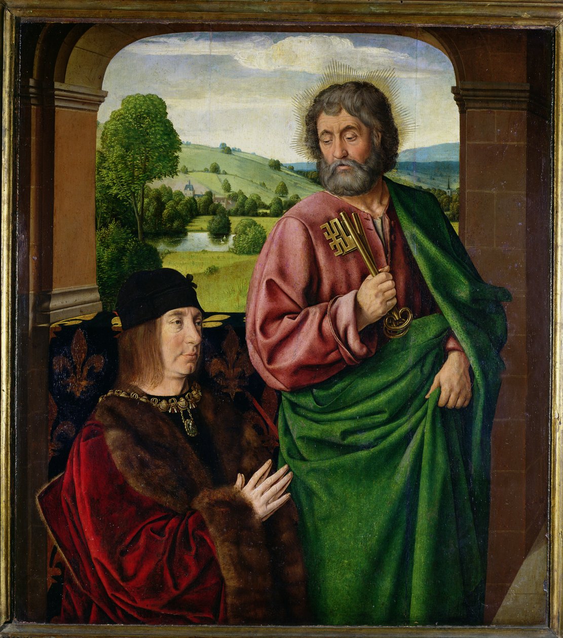 Peter II (1439-1503) hertig av Bourbon presenterad av St. Peter, vänstra flygeln på en triptyk, ca 1492-93 av Master of Moulins