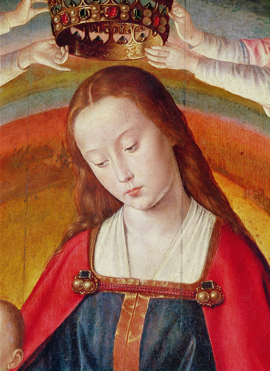 Jungfru Maria med sin krona, detalj av Jungfruns kröning, mittpanel från Bourbonaltartavlan, ca 1498 (detalj av 57630) av Master of Moulins