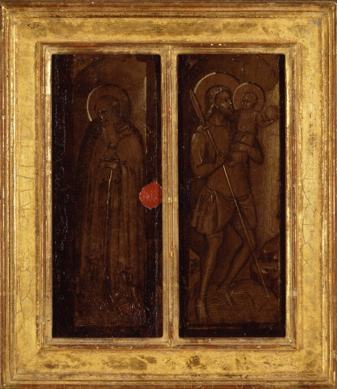 Baksidan av Saints James, Anthony Abbot, Francis och Ansanus, ca 1385-90 (tempera på panel) av Master of Panzano