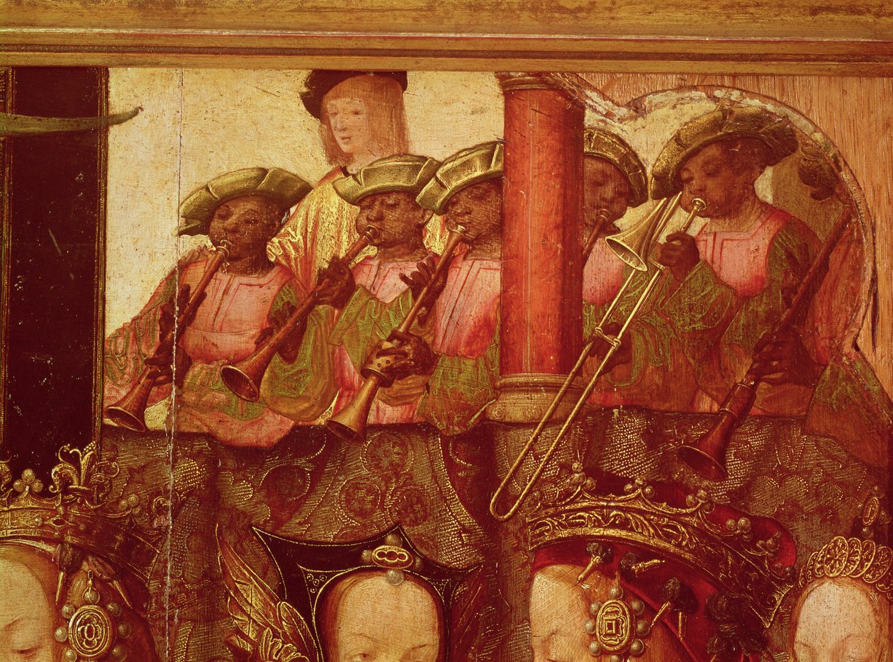 Förlovningen av St. Ursula och Prins Etherius, detalj av de svarta musikerna, ca 1520 av Master of Saint Auta