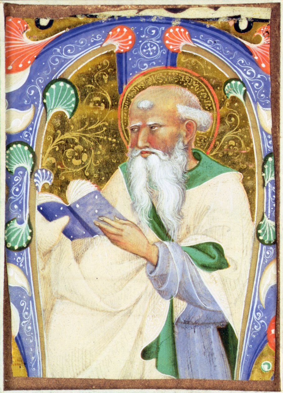 Historikerad initial M som föreställer ett skäggigt helgon med en bok av Master of San Michele of Murano