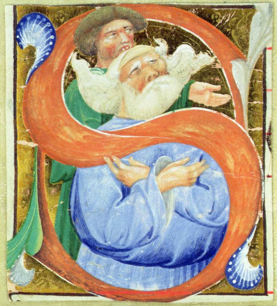 Historikert initial S som föreställer en gammal man som ber av Master of San Michele of Murano