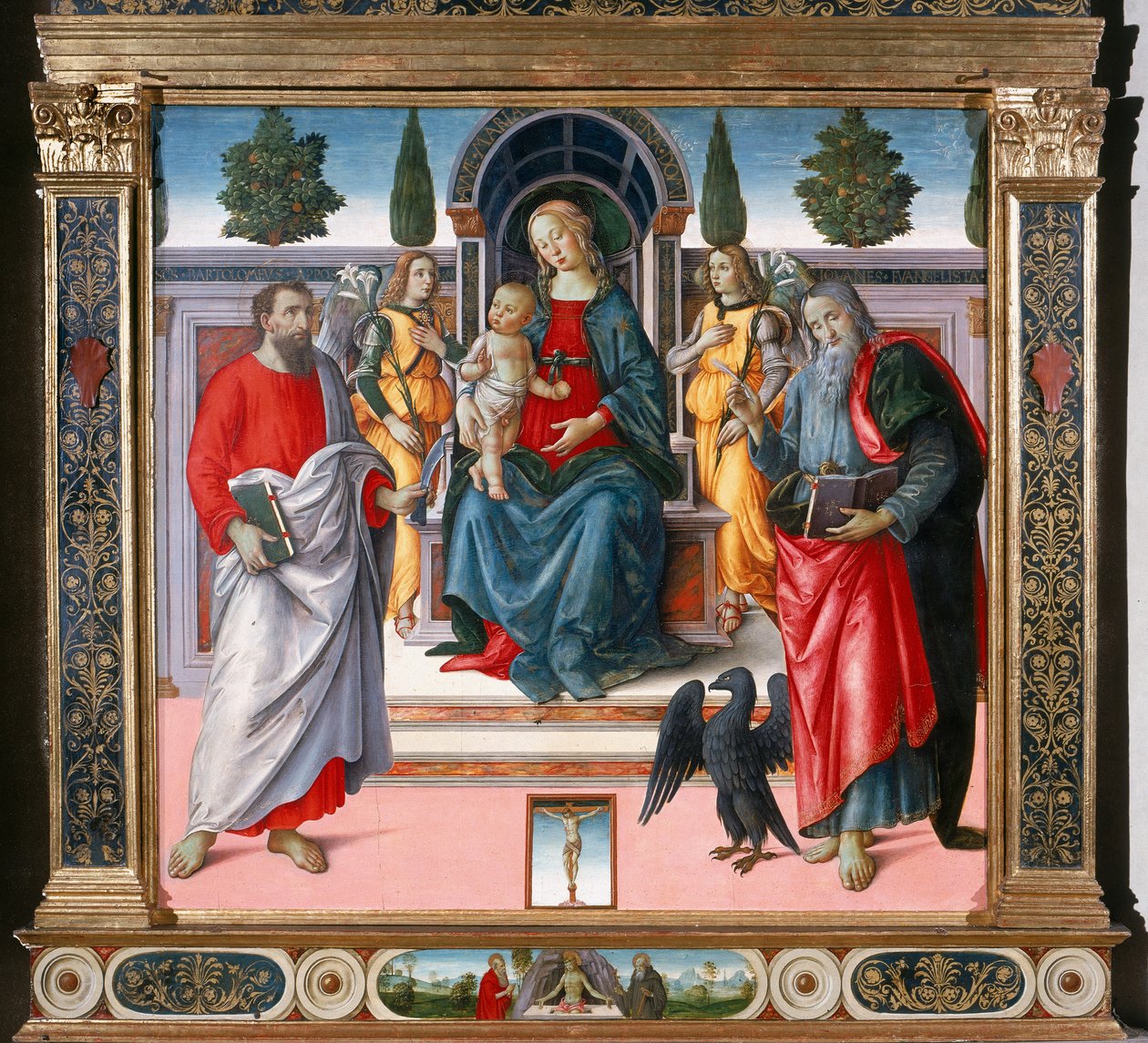 Madonnan och barnet på tronen, två änglar, S:t Bartolomeus och St. Johannes evangelisten. av Master of Santo Spirito Master of Santo Spirito