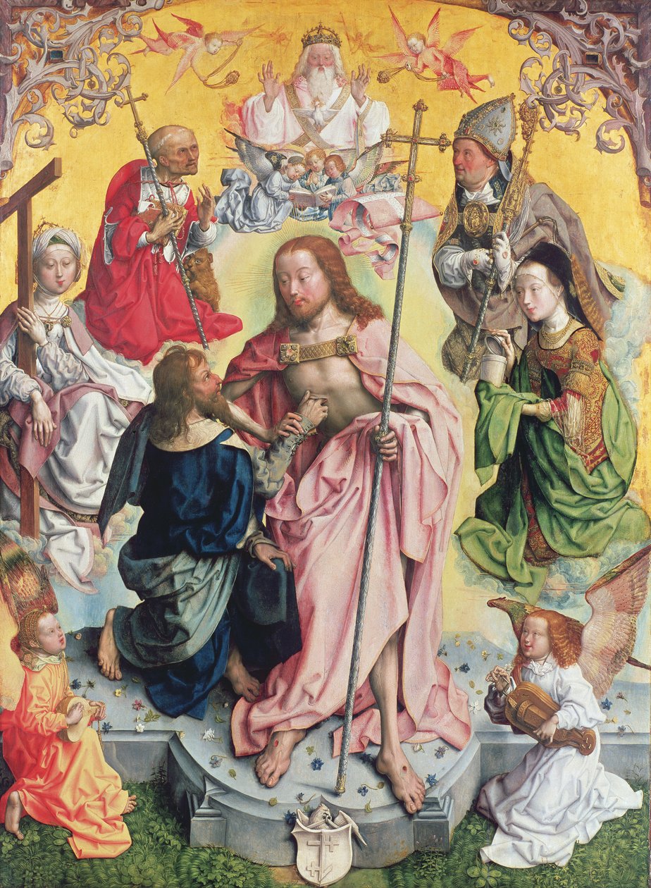Centralpanel från St. Thomas altartavla, 1501, Kristus och St. Thomas omgiven av St. Helena, Maria Magdalena, St. Jerome och St. Ambrosius av Master of St. Bartholemew