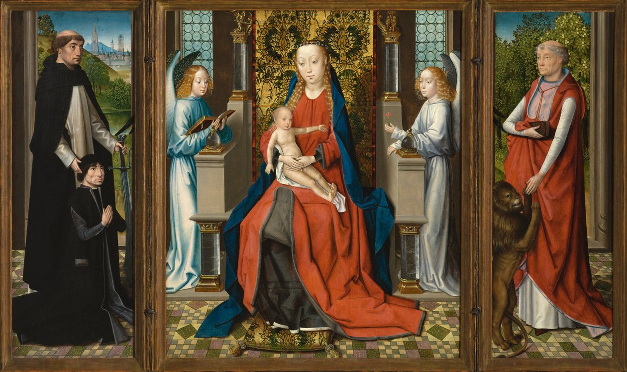 Triptych of Madonna and Child with Angels; Donor and His Patron Saint Peter Martyr; and Saint Jerome av Master of The Legend of St. Lucy